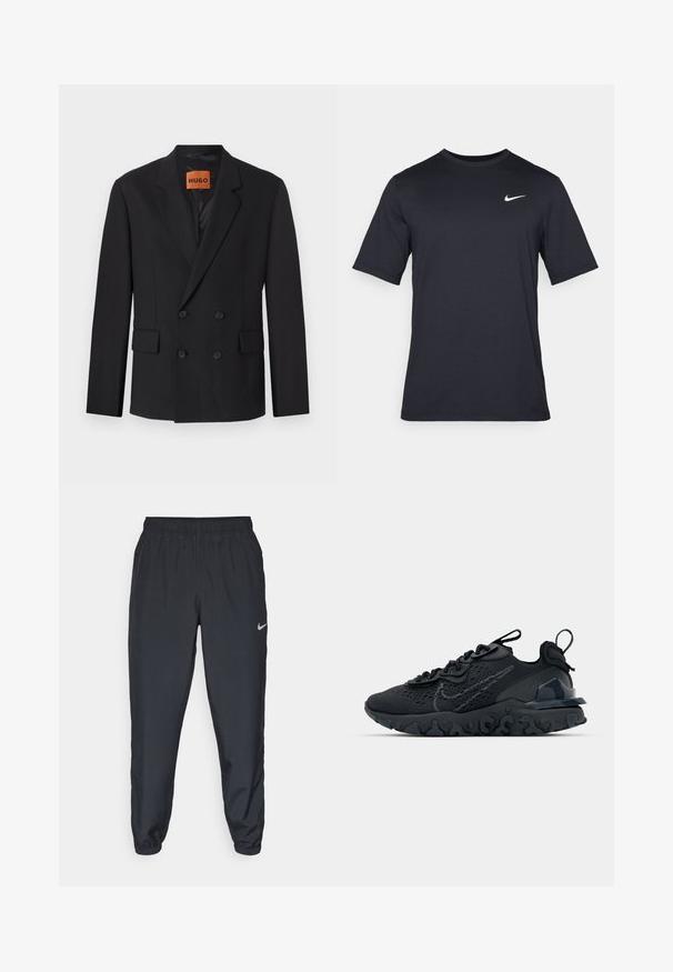 Crna dvoredna jakna s oštrim reverima, prednjim džepovima i gumbima. Tkanina izgleda glatko s laganim sjajem. HUGO oznaka vidljiva unutra.; Crna kratka majica s kratkim rukavima marke Nike, izrađena od glatkog materijala, s bijelim swoosh logom na gornjoj lijevoj strani, okrugli izrez.; Crne trenirke od laganog materijala s elastičnom trakom u struku, manžetama na gležnjevima i diskretnim Nike logom s lijeve strane.; Crne atletske cipele s prozračnom mrežastom gornjom djelom, teksturiranim detaljima i valovitom gumenom potplatom. Sadrži reflektirajući logo i sistem vezanja.
