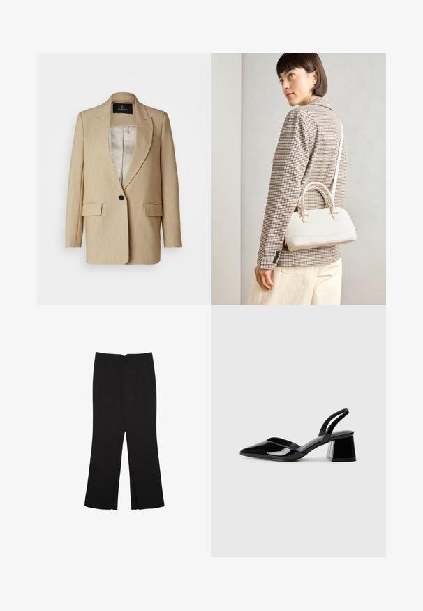 Beige skräddarsydd kavaj med slag, en svart knappstängning, två framfickor och slät innerfoder.; Asymmetrisk vit topp i mjukt tyg, med en kort ärm och en off-shoulder design, med ett rent och minimalistiskt utseende.; Svarta byxor med rak passform, utrustade med framfickor och sidoklyvningar vid fållen. Tillverkade av mjukt, slätt tyg. Lämpliga för olika tillfällen.; Svarta lackläder slingback klackar med spetsig tå och geometrisk klack. Har en elegant, minimalistisk design och slät yta.; Vitt strukturerat handväska med korta handtag och en axelrem, med gyllene detaljer och texturerat material, visad mot en grå bakgrund.