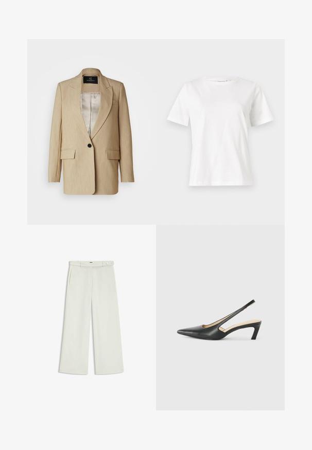 Beige op maat gemaakte blazer met een geknipte revers, enkele zwarte knoopsluiting, twee voorzakken en een gladde voering.; Witte katoenen t-shirt met korte mouwen, ronde halslijn en een ontspannen pasvorm. Gladde textuur, geen patronen of accenten, minimalistisch ontwerp.; Wijde broek in licht crèmekleurige stof, met zijzakken, een platte voorkant en een enkele knoopsluiting bij de taille. Glad van textuur.; Zwarte puntige slingback schoen met een lage hak, gemaakt van soepel leer en voorzien van een uitsnede aan de zijkant voor ventilatie.