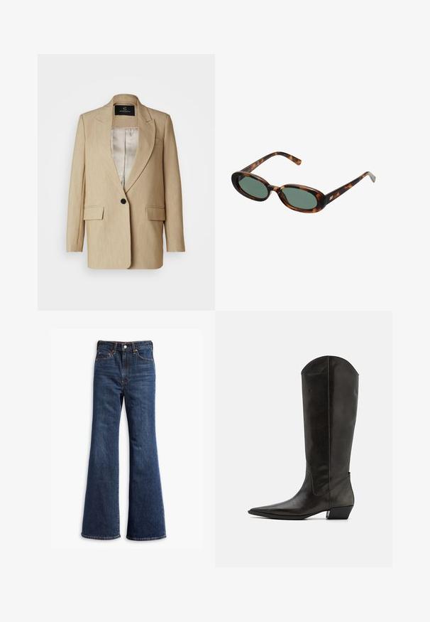 Beige tailored blazer with a notched lapel, single black button closure, two front pockets, and smooth inner lining.; White cotton t-shirt featuring short sleeves, crew neck, and a red graphic text "DELICIOUS REFRESHING FRUIT" on the front.; High-waisted dark blue denim jeans with flared legs, front button and zipper closure, and five-pocket design.; Black leather knee-high boots with a pointed toe, a low block heel, and a sleek design. The shaft has a slight curve at the top.; Tortoiseshell sunglasses with oval frames and green lenses. Features thin arms with a metallic accent near the hinges.; Brown leather wallet with a patterned fabric front. Features a gold circular clasp and a chain strap, smooth texture, and curved edges.