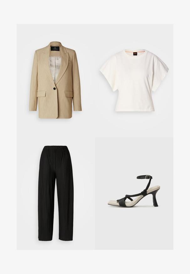 Beige krojena blazerica z razrezanim ovratnikom, enim črnim gumbom za zapiranje, dvema sprednjima žepoma in gladkim notranjim podložnjem.; Bela skrajšana majica s kratkimi širokimi rokavi, mehka bombažna tkanina, okrogla ovratnica z diskretnim oranžnim robom, minimalističen dizajn, brez vzorcev ali grafike.; Črne široke hlače z nagubanimi hlačnicami in elastičnim pasom. Tkanina vsebuje vertikalne gube in gladko teksturo.; Črne sandale na visoki peti z prepletenim trakom, kvadratnim nosom in nastavljivim gležnjenjem. Svetlo bež podplat z sijajno črno peto.