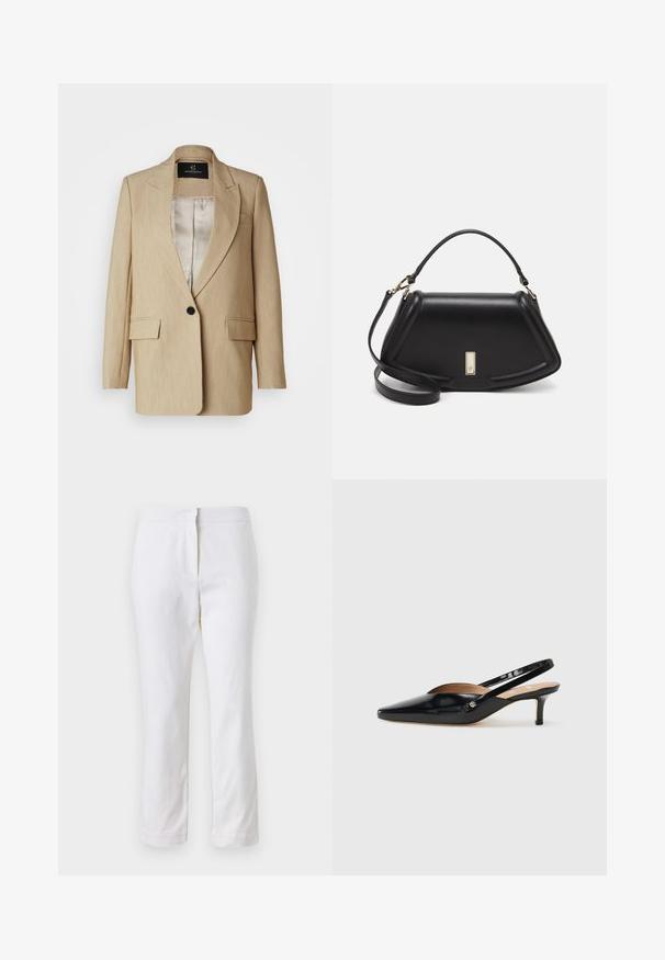 Beige tailored blazer with a notched lapel, single black button closure, two front pockets, and smooth inner lining.; White cropped T-shirt, short wide sleeves, soft cotton material, round neckline with subtle orange trim, minimal design, no patterns or graphics.; White cotton pants with a straight leg design, featuring a mid-rise waist and no visible hardware or patterns. Smooth texture throughout.; Black patent leather slingback pump with a pointed toe, small heel, and a cutout design on the vamp. Gold-tone hardware accent on the side.; Black leather handbag with a structured design, featuring a cropped shape, top handle, and gold hardware accent. Adjustable shoulder strap included.