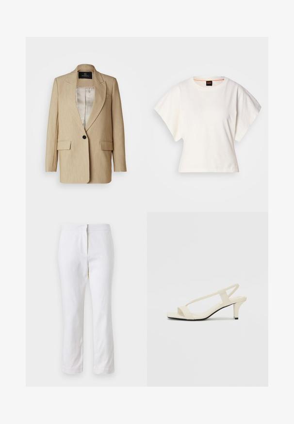 Beige muotoiltu bleiseri, jossa on viistot läpät, yksi musta napitus, kaksi etutaskua ja sileä vuori.; Valkoinen lyhythihainen t-paita, leveät lyhyet hihat, pehmeää puuvillamateriaalia, pyöreä pääntie jossa hienovarainen oranssi reunus, minimaalinen muotoilu, ei kuvioita tai graafisia elementtejä.; Valkoiset puuvillahousut suoralla lahkeella, joissa on keskikorkea vyötärö ja ei näkyviä varusteita tai kuvioita. Ehjä pinta kauttaaltaan.; Beige sandaalit, joissa on loiva korko, ohuet hihnat ja neliönmallinen varvasosa. Sileä materiaali, jossa on minimaalista yksityiskohtaa, suunniteltu helppokäyttöiseksi.