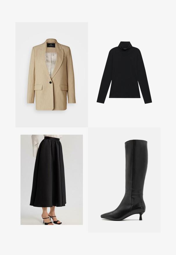 Bežs pielāgots žakets ar iekļautu uzgaļa apdari, viens melns pogu aizdare, divi priekšējie kabatas un gluda iekšējā oderējums.; Melnais garais piedurkņu turtleneck krekls. Mīksta auduma, pieguļošs dizains, augsts apkakle un sānu šuves. Vienkāršs un daudzpusīgs stils, piemērots slāņošanai.; Melnā maksi svārki, izgatavoti no gludas auduma, ar savērptu jostu un plūstošu dizainu, kopā ar melniem sandalēm uz siksniņām.; Zign Zābaki - black