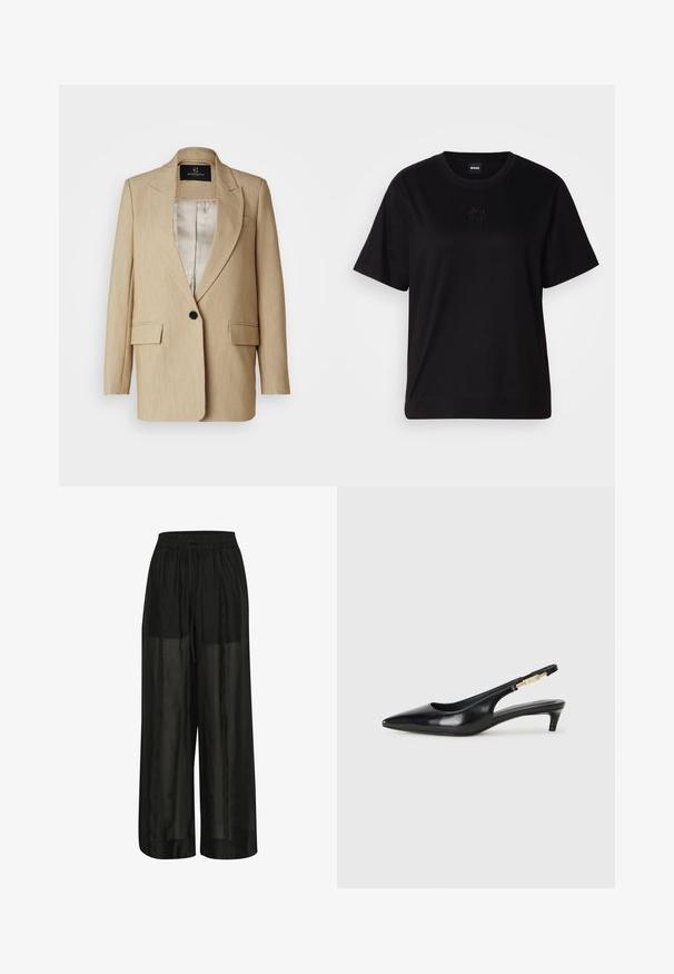 Beige saka s výstřihovým límcem, uzavření na jeden černý knoflík, dvě přední kapsy a hladkou podšívkou.; Černé bavlněné tričko s kulatým výstřihem, krátkými rukávy a vyšitým logem na hrudi. Jednoduchý, volný střih bez vzorů.; Černé kalhoty širokého střihu vyrobené z průhledné látky, mají elastický pas s tkaničkou pro nastavitelnou velikost a hladkou texturu.; Černé kožené boty na podpatku s otevřenou patou a špičatou špičkou, s tenkým podpatkem a zlatým akcentem na nastavitelném pásku. Hladký povrch.