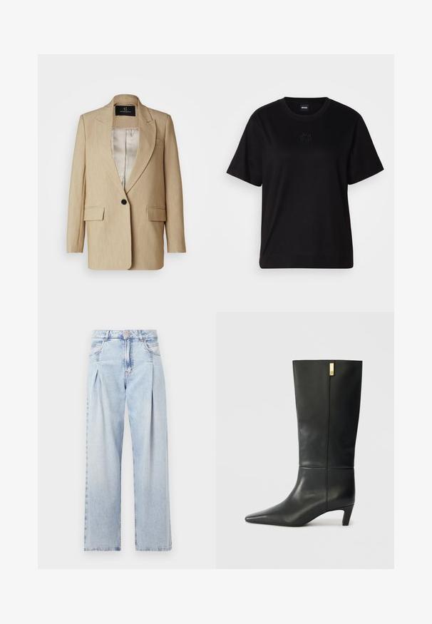 Beige taillierter Blazer mit notch Revers, einfarbigem schwarzen Knopfverschluss, zwei Vorderentaschen und glatter Innenauskleidung.; Schwarzes Baumwoll-T-Shirt mit Rundhalsausschnitt, kurzen Ärmeln und aufgesticktem Logo auf der Brust. Einfacher, lässiger Schnitt ohne Muster.; Helle blaue Denim-Jeans mit hoher Taille, weitem Beinschnitt, zwei seitlichen Taschen und gefaltetem Design. Weiche Textur mit einem ausgebleichten Finish.; Schwarze Lederstiefelette bis zum Knie mit spitzem Zeh und kleinem Absatz. Hat ein elegantes Design mit goldenen Akzenten. Glatte Textur.