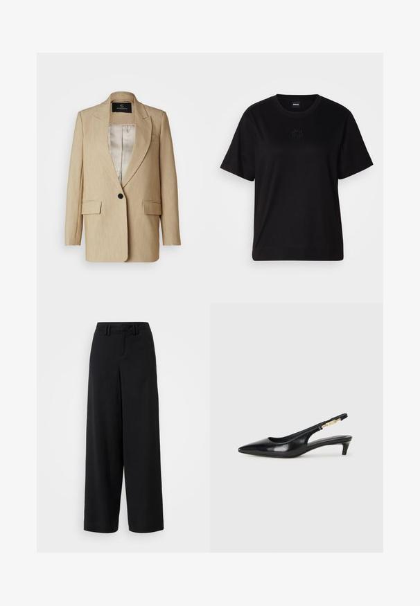 Beige szabott blézer, kihajtható gallérral, egy fekete gombbal, két elülső zsebbel és sima bélésnél.; Fekete pamut póló kerek nyakkivágással, rövid ujjakkal és hímzett logóval a mellkasán. Egyszerű, laza szabás, minta nélkül.; Fekete, széles szárú nadrág sima anyagból, lapos elejű kialakítással, redőzött részletekkel és övhurkokkal a derékrészen.; Fekete bőr slingback magassarkúk, hegyes orral, vékony sarkakkal és arany színű részlettel a állítható pánton. Simа felület.