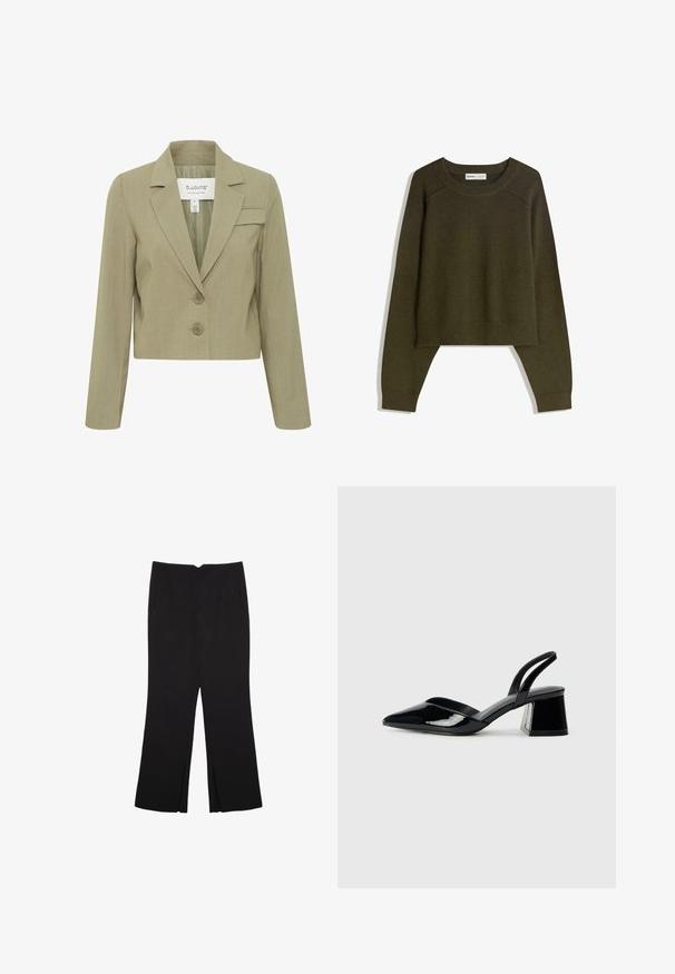 Beige bleiseri, joka on leikattu, notched-kauluksella, kahdella etunapilla ja vasemmassa rinnassa tasku. Sujuva rakenne ja istuva muotoilu.; Oliivinvihreä lyhyt paita, joka on valmistettu pehmeästä, teksturoidusta kankaasta. Siinä on pitkät hihat ja pyöreä pääntie, jossa on resorireunukset helmassa.; Mustat housut suoralinjaisella leikkauksella, joissa on etutaskut ja sivurei'ät helman alla. Valmistettu pehmeästä ja sileästä kankaasta. Sopii eri tilaisuuksiin.; Mustat patentoitu nahkakengät, joissa on säären takaosa ja terävä kärki, sekä geometrinen palikkakorko. Sisältää tyylikkään, minimalistisen muotoilun ja sileän pinnan.
