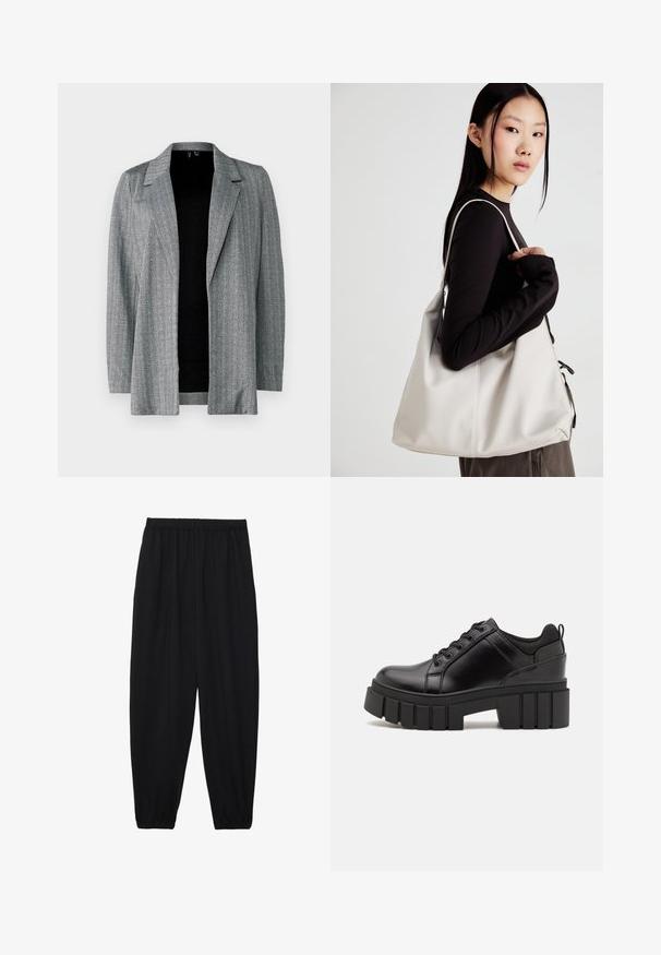 Pelēks zīda zāles raksts uz žaketes ar izgriezumu apkakli un atvērtu priekšpusi. Garas piedurknes un strukturēta auduma izmantošana rada slāņotu izskatu.; Divas garām piedurknēm krekli: viens melns un viens balts. Abiem ir apaļa izgriezne, raglanu piedurknes un mīksta kokvilnas maisījuma audums.; Melnas, vieglas bikses ar elastīgu jostu un savilktiem potītiem. Audums ir gluds un to raksturo brīva, sašaurināta forma.; Melnas ādas platformas kurpes ar masīvu bloku papēdi, apaļu purngalu un tradicionālu saistīšanas dizainu. Izceļas ar gludu tekstūru un minimālu apdari.; Bežs rokassoma, izgatavota no mīksta materiāla, ar brīvu dizainu, izšūtu apdari un divām plecu siksnām. Piemērota ikdienas lietošanai.