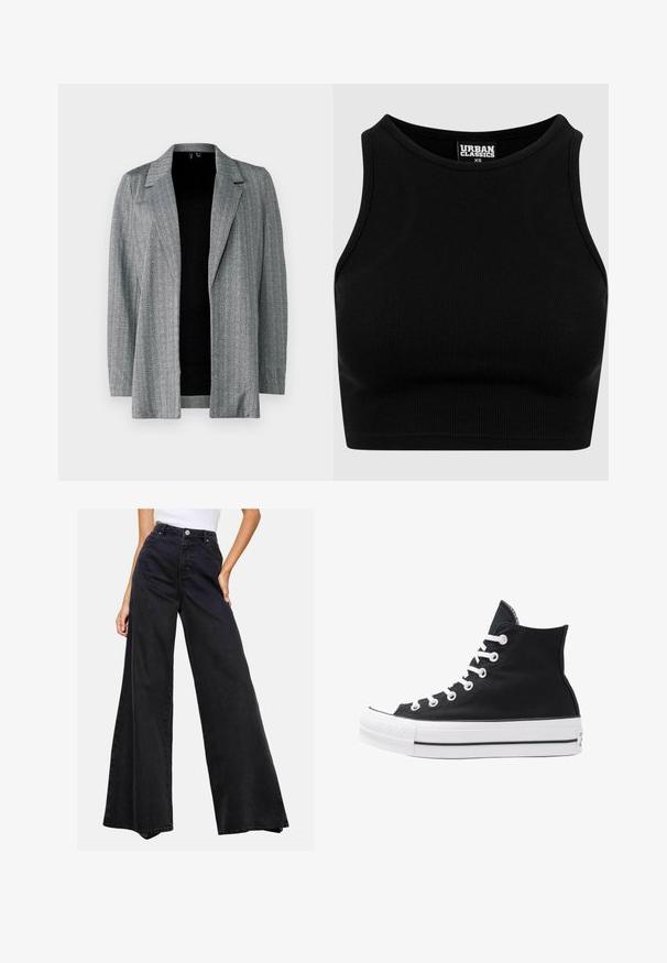 Szürke halszálkás mintázatú blézer, amelynek kiképzett gallérja és nyitott eleje van. Hosszú ujjak és strukturált anyag réteges megjelenést kölcsönöz.; Fekete bordázott fazonú crop top, kerek nyakkivágással és ujjatlan kialakítással. Rugalmas, strukturált anyagból készült. A címke szerint "Urban Classics."; Fekete, bőszárú farmernadrág. Magas derekú, gombos záródással, letisztult designnal, jellegzetes minták vagy díszítések nélkül.; Fekete vászon magas szárú sneaker, fehér fűzőkkel és gumitalppal. Texturált orr-rész és fekete-fehér csíkos kiegészítők jellemzik.