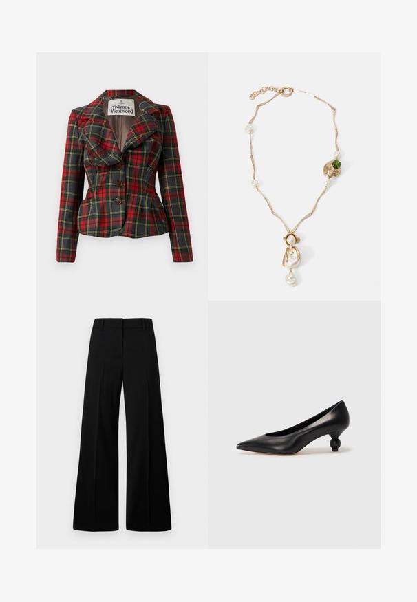 Červená a čierna károvaná bunda so strihom na mieru, veľké klopy a tri hnedé gombíky na prednej strane. Podšitý interiér, viditeľná značka Vivienne Westwood.; Biely rebrovaný krátky rukáv s širokým výstrihom. Textúra má vertikálne pruhy, čo zvýrazňuje priliehavý strih a jednoduchý dizajn.; Čierne široké nohavice s hladkou textúrou, štruktúrovaným pásom a prednými záhybmi. Minimalistický dizajn bez viditeľného kovania.; Čierna kožená vysoká topánka na podpätku s ostrým špičkou a okrúhlym, guľatým podpätkom. Hladký povrch s moderným, minimalistickým dizajnom.; Zlatý náhrdelník s prepletenými článkami, bielymi perlami a akcentom z zelenej kamene. Obsahuje zložitú detailnú prácu a zapínanie na zámok.
