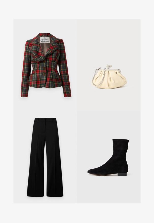 Jachetă cu carouri roșii și negre, cu croială ajustată, rever mari și trei nasturi maronii în față. Interior căptușit, eticheta Vivienne Westwood vizibilă.; Top tricotat alb cu mânecă scurtă, cu decolteu rotund, având o textură netedă și accente subtile cu nervuri la mâneci și la margine.; Pantaloni negri cu croi larg, cu o textură netedă, talie structurată și pliseuri frontale. Design minimalist fără accesorii vizibile.; Cizme scurte din suede negre, cu un știft ajustat, vârful ascuțit și un toc mic, pătrat. Textură netedă și design minimalist, potrivite pentru un stil versatil.; Clutch din piele plisată bej, cu un cadru din metal argintiu, având două închideri decorative rotunde și o curea din lanț argintiu.; Weekend Max Mara SENAPE - Mănuși - nero