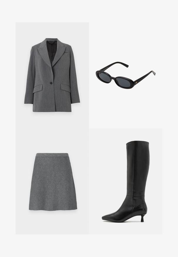 Grijze blazer van een textuurstof, met een notch lapel, twee voorkwasten, een enkele knoopsluiting en een zwarte binnenvoering.; Beige gebreide trui met een hoge ribbelkraag, drop shoulders en ribbelzoom, die een zachte textuur en een ontspannen pasvorm toont.; Witte mouwloze tanktop met een ronde hals, gemaakt van ribbelstof; eenvoudig ontwerp zonder patronen of versieringen.; Grijze wollen rok met een aangesloten tailleband, A-lijn vorm en een gladde textuur. Geen zakken of zichtbare hardware details.; Zign Laarzen - black; Zwarte oversized zonnebril met ovale lenzen, een glad plastic montuur en gouden accenten op de pootjes. Donkere lenzen bieden bescherming tegen de zon.; Zwarte leren schoudertas met een gladde textuur, gebogen vorm en een enkele verstelbare schouderriem voorzien van gouden hardware en een merkaccent.