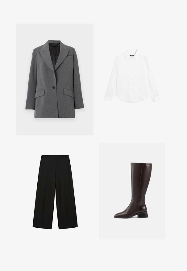 Grau Blazer mit einer strukturierten Stoffoberfläche, Reverskragen, zwei frontalen Taschen, Ein-Knopf-Verschluss und einer schwarzen Innenauskleidung.; Massimo Dutti FLOWING SATIN LONG SLEEVE - Hemdbluse - white denim; Schwarze, weit geschnittene Hosen aus weichem Stoff, mit hohem Bund und Falten, die eine glatte Textur und keine sichtbaren Verzierungen aufweisen.; Knöchelhohe, braune Lederstiefel mit glatter Oberfläche, abgerundeter Spitze und gestapeltem schwarzen Absatz. Schlichtes Design mit minimalen Hardware-Details.