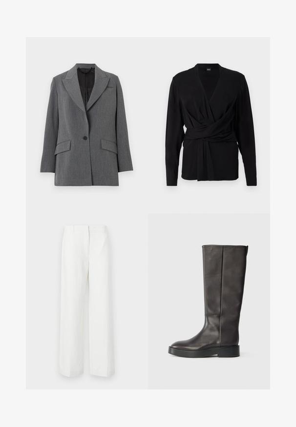 Grey blazer with a textured fabric, notch lapel, two front pockets, single button closure, and a black interior lining.; Black wrap top made of soft fabric, featuring long sleeves, a v-neckline, and a tied belt accentuating the waist. Smooth texture.; White wide-leg trousers with a smooth texture, featuring a flat front and pressed creases. Made of lightweight fabric, no visible patterns.; Black knee-high leather boot with thick sole and subtle Calvin Klein logo near the top edge, shown from the side.