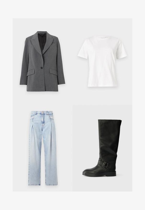 Grey blazer with a textured fabric, notch lapel, two front pockets, single button closure, and a black interior lining.; White cotton t-shirt with short sleeves, round neckline, and a relaxed fit. Smooth texture, no patterns or accents, minimalistic design.; Light blue denim jeans with a high waist, wide-leg cut, two side pockets, and pleated design feature. Soft texture with a faded finish.; Black knee-high boots made of smooth leather, featuring a rounded toe, a thick sole, and a horizontal strap with a rectangular buckle detail.