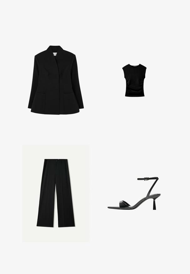 NA-KD SCULPTED czarny; Czarny top z krótkim rękawem o dopasowanym kroju, z marszczonymi detalami po bokach oraz gładkim, elastycznym materiałem dla komfortu.; Bershka WIDE czarny; Bershka - Sandały na obcasie