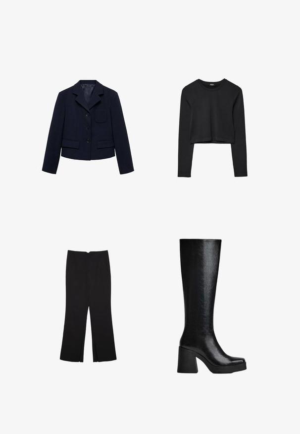 Mango Suknjič - royal blue; Črna dolgi rokavi prerezana majica s krožnim izrezom, enostaven dizajn in rahlo ukrivljen rob.; Črne hlače ravnega kroja z naglavnimi žepi in stranskimi razporki na robu. Narejene iz mehke, gladke tkanine. Primerne za različne priložnosti.; Črne škornje do kolen, izdelane iz teksturiranega sintetičnega materiala, z ovalnim nosom, debelim visokim peto in gladko, sijočo površino.