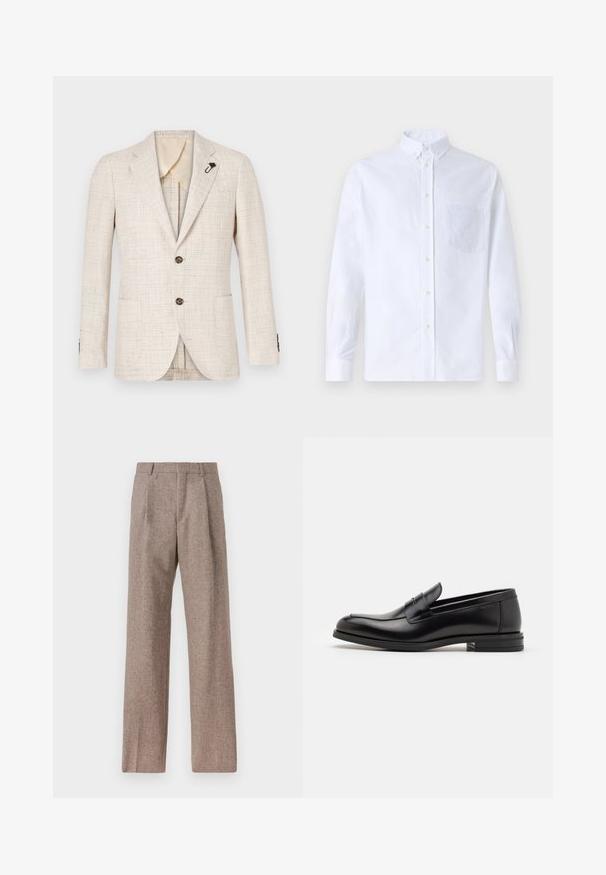 Beige textured blazer with notched lapels, two brown buttons, and side pockets. Features a black lapel pin and cream-colored inner lining.; White long-sleeve button-up shirt made of cotton, featuring a chest pocket with tonal embroidery, a collar, and button cuffs.; Brown, high-waisted trousers made of textured fabric. Features wide legs and two front pleats for structure. Neat finish with no visible hardware.; Black leather loafers with a smooth texture, rounded toe, and a decorative strap across the vamp. Low stacked heel, minimalist design.