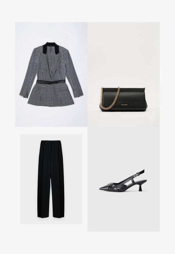 Μπλέιζερ σε μαύρο και άσπρο σχέδιο καρό με βελούδινο κολάρο, ζώνη στη μέση και δύο μπροστινές τσέπες. Σχεδίαση προσαρμοσμένη, μακριά μανίκια.; Λευκή ριγωτή κοντομάνικη μπλούζα με στρογγυλή λαιμόκοψη. Το ύφασμα φαίνεται λείο με εφαρμοστή σιλουέτα. Ορατή ετικέτα επωνυμίας στον γιακά.; Μαύρο παντελόνι με φαρδιά πόδια και ψηλή μέση, διακοσμημένο με πτυχώσεις και απαλό υφή. Το ύφασμα φαίνεται ελαφρύ και κρέμεται με κομψότητα.; Μαύρο δερμάτινο παπούτσι slingback με μυτερή μύτη, διακοσμητικές λωρίδες με μεταλλικά μάτια και χαμηλό μπλοκ τακούνι. Υφή επιφάνειας.; Μαύρη δερμάτινη τσάντα πορτοφολιού με χρυσή αλυσίδα, που διαθέτει λεία υφή, ορθογώνιο σχήμα και ανάγλυφο λογότυπο στο μπροστινό μέρος.