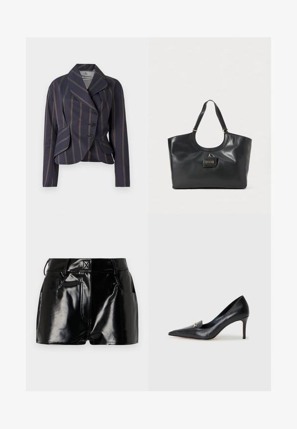 Blazer listrado em azul-marinho e castanho com três botões, lapelas largas, mangas longas e dois bolsos frontais com aba.; Top de alças rosa claro feito de um tecido macio e elástico. Apresenta um decote redondo e alças finas, com uma textura suave e um corte justo.; Calções pretos e brilhantes feitos de material sintético. Apresentam uma cintura justa, passantes para cinto e bolsos frontais com detalhes de costura proeminentes.; Sapatilha de couro preto com bico fino, vamp baixo e um detalhe decorativo em ouro. Apresenta um salto agulha e uma textura suave.; Bolsa tote em couro preto com um acabamento brilhante, topo curvado, duas alças para o ombro e um detalhe em metal dourado na frente.