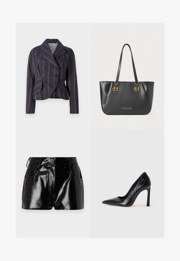 Tumed ja pruunid triibulised bleiser kolmepesaga, laiad kraed, pikad varrukad ja kaks ees olevat klapptaskut.; Pikkade varrukatega valge T-särk, mis on valmistatud ribakujulisest puuvillast, ümmarguse kaeluse ja sirge hemiga. Lihtne disain ilma mustrite või aktsentideta.; Mustad, läikivad lühikesed püksid sünteetilisest materjalist. Omab kitsast piha, vöölõike ja esimesi taskuid, millel on silmapaistvad õmbluse detailid.; Mustan teravaotsaga kõrge kontsaga king, millel on krokodillimustriga tekstuur, stiilne disain, kõrge stilettokonts ja sile must sisesisustus.; Musta faux nahast kott kuldsete ümmarguste detailidega, millel on topelt õlavarre rihmad ja esipaneelil muljega brändi logo.