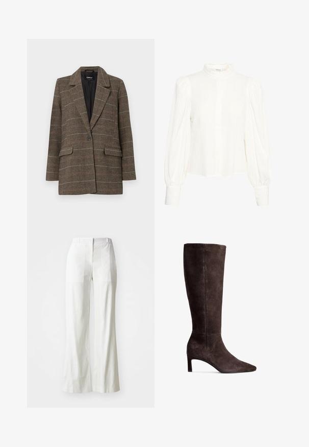 Blazer marron en chevron avec un col cranté, une fermeture à un bouton, deux poches avant et une doublure intérieure noire. Accents de motif à carreaux subtils.; Blouse blanche à manches longues en tissu texturé et froissé. Dotée d'un col haut et volanté et d'une fermeture à boutons. Manches larges et bouffantes avec des poignets à rabat.; Pantalons blancs à taille haute, larges et fabriqués en tissu léger. Présentent un devant plat, des poches arrière et un design épuré et simple.; Botte en daim marron haute jusqu'au genou avec un bout pointu et un talon de 3 pouces. Texture lisse, silhouette élégante et design minimaliste.