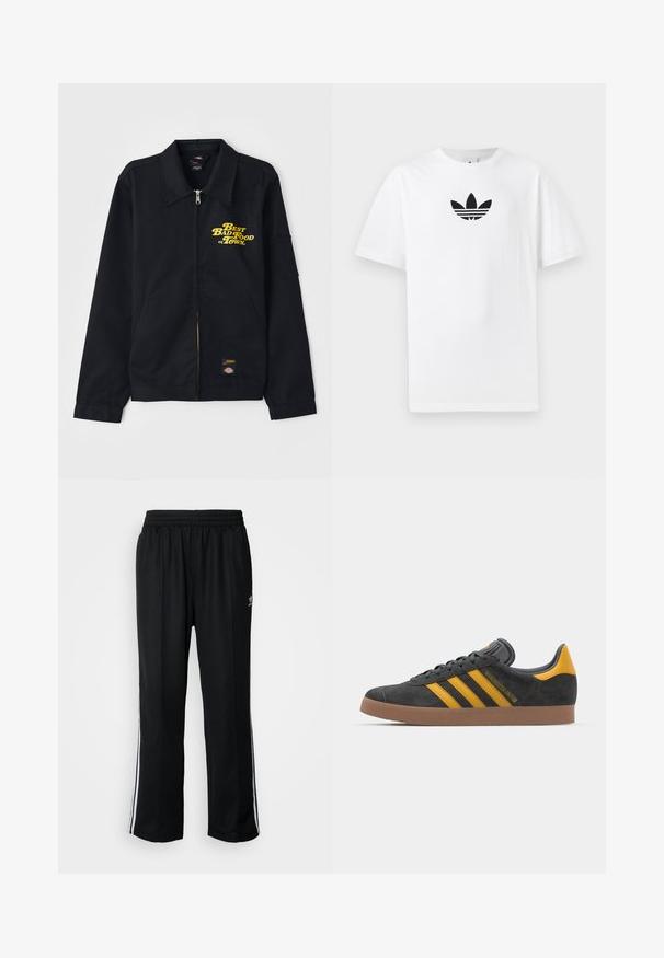 Črna jakna s ovratnikom, z zadrgo spredaj in rumenim napisom "Najboljša slaba hrana v mestu." Ima stranske žepke in logotip.; Bela bombažna majica s črnim logojem Adidas na sredini. Kratki rokavi in oblikovanje z okrog lim. Gladka tekstura.; Črne atletske hlače z elastičnim pasom, ki imajo bele stranske črte in majhen logo. Material izgleda mehak in lahek.; Črne semiš tene z rumenimi akcenti, ki vsebujejo tri trakove in rjavo gumo podplat. Vključujejo oblazinjeno jezik za udobje.