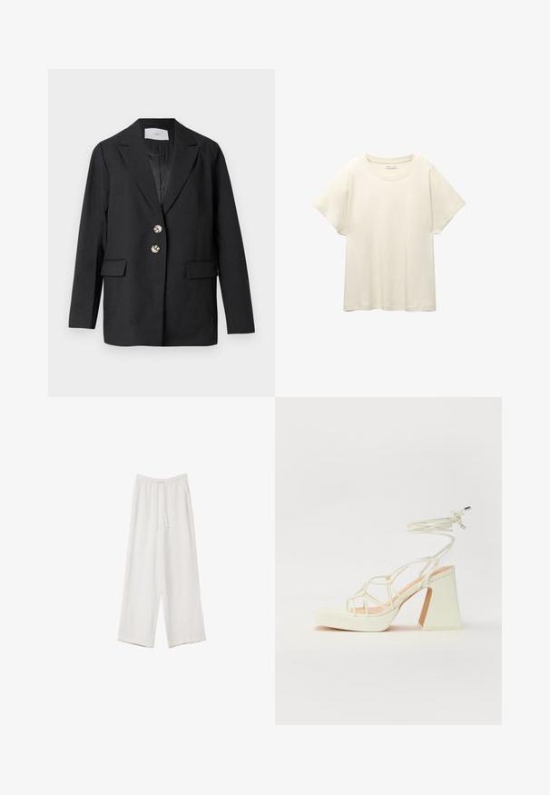 Čierne sako na mieru s dvoma striebornými gombíkmi, klopami s výstrihom do písmena V, vreckami s klapkami a dlhými rukávmi, visiace na bielom pozadí.; Svetlo béžové tričko s krátkym rukávom a okrúhlym výstrihom, vyrobené z jemnej, hladkej tkaniny. Má voľný strih a rovný lem.; Biele široké nohavice vyrobené z ľahkej tkaniny. Obsahujú elastický pás so sťahovacou šnúrkou a bočné vrecká. Hladká textúra.; Biele sandále na vysokom opätku s hrubým podpätkom, s pruhovaným dizajnom a viazaním na členku. Hladký povrch s platformou vpredu pre zvýšenú výšku.