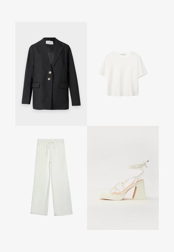 Blazer nero sartoriale con due bottoni argentati, rever a lancia, tasche con patta e maniche lunghe, appeso su uno sfondo bianco.; T-shirt bianco a maniche corte realizzato in cotone. Presenta un collo tondo e una vestibilità rilassata. Texture liscia senza motivi o dettagli visibili.; Pantaloni bianchi a gamba larga realizzati in un tessuto morbido. Presentano un elastico in vita con cordino e una consistenza liscia. Senza motivi visibili o accessori.; Sandalo bianco con tacco alto, caratterizzato da un design a cinturini e un legaccio alla caviglia. Texture liscia con una piattaforma frontale per un'altezza aggiuntiva.