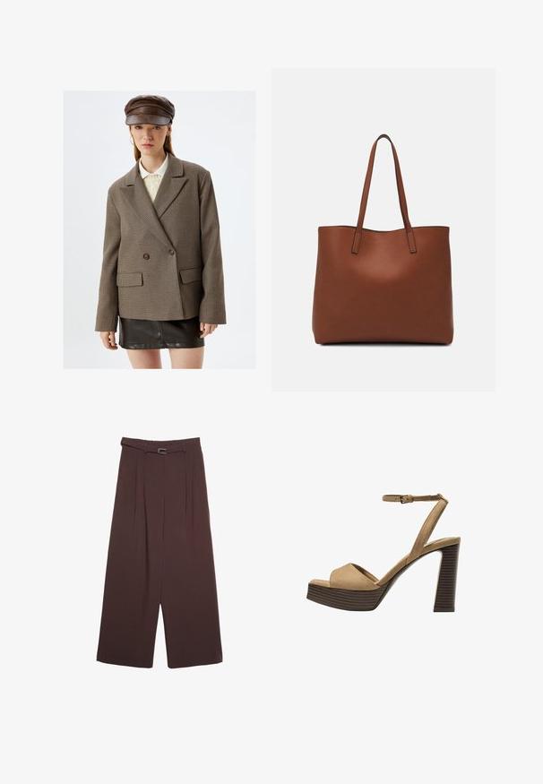 Ruskea ruudullinen bleiseri, jossa on kaksirivinen malli, kauluskäänteet, kaksi etutaskua ja tummat napit, yhdistetty mustaan nahkahameeseen.; Ruskea lyhythihainen t-paita, joka on valmistettu pehmeästä kankaasta. Paita on pyöreäkauluksinen ja rento leikkaukseltaan. Pintakuvasto on sileä ilman kuvioita tai koristeita.; Stradivarius WIDE-LEG WITH BUCKLE DETAIL - Housut - dark brown; Beige-nahkareunaiset korkokengät, joissa on leveä etuolka ja ankle strap, varustettu paksulla puukengän korolla, jossa on tekstuuripinta.; Ruskea nahkainen olkalaukku, jossa on sileä pinta, avoin yläosa ja kaksi olkahihnaa. Omaavat vain minimaalisen ompelun eikä näkyvää metalliosaa.