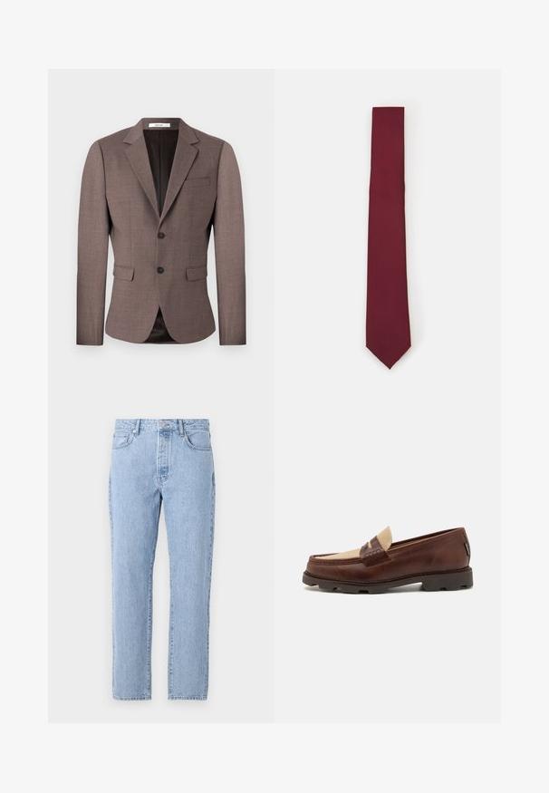 Barna, szabott blazer, texturált anyagból készült, kihajtható gallérral, kétsoros gombolással és két elülső zsebbel, valamint egy mellzsebbel.; Fehér, hosszú ujjú, gombos ing, sima anyagból készült. Klasszikus nyakkal, elöl gombokkal és egy gombos mandzsettával rendelkezik. Slim fit fazon.; Világoskék denim farmernadrág, egyenes szárakkal, öt zsebbel és gombos zárással. Puha tapintású, klasszikus, megfakult megjelenéssel.; Barna bőr loafer cipők taupe vászon díszítéssel, varrott részletekkel és texturált gumi talppal, amely a kényelemről és tartósságról gondoskodik.; Burgundi selyem nyakkendő, keskeny forma, egységes textúrával. Hegyes csúccsal, folyamatos színnel és sima felülettel rendelkezik.