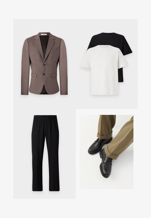 Brun skreddersydd blazer laget av teksturert stoff, med spiss krage, to-knapps lukking, to frontlommer og en brystlomme.; Sett med bomull t-skjorter bestående av en svart topp og en hvit topp, begge med korte ermer, rund hals og standard passform. Teksturet stoff.; Svart, elastisk midjebukser med rett ben-design, med en glatt tekstur og uten synlige mønstre eller maskinvare.; Svarte lærherresko med glatt overflate, med snøring og rund tå, kombinert med oppbrettede khaki-bukser.