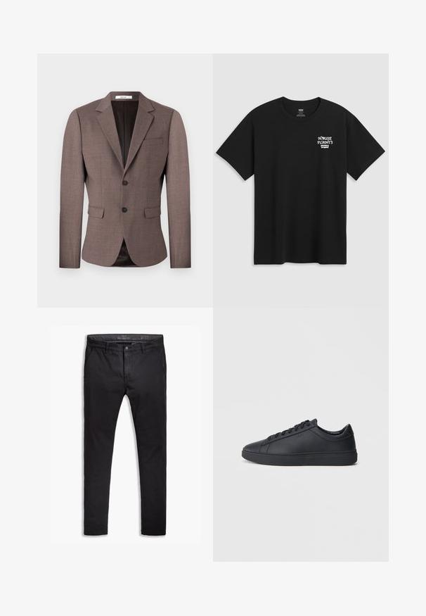 Blazer castanho sob medida feito de tecido texturizado, apresentando lapela com entalhe, fecho de dois botões e dois bolsos frontais com um bolso no peito.; T-shirt preta de algodão com uma impressão no peito que diz "PLANTAS DE CASA" em letras brancas estilizadas com "Levi's" abaixo. Gola clássica em crew.; Chinos pretos de algodão com um corte afunilado, apresentando cinco bolsos, passantes para cinto e uma textura suave. Fecho com zíper e botão.; Ténis pretos feitos de couro liso com um design de cano baixo, bico redondo e sola de borracha plana. Apresentam atacadores e uma marcação discreta.
