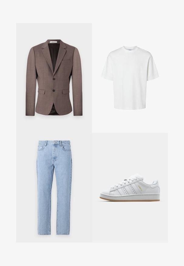 Brūns pielāgots žakets, kas izgatavots no teksturēta auduma, ar atlokiem, divu pogu aizdari un divām priekšējām kabatām, kā arī krūšu kabatu.; Balts kokvilnas T-krekls ar īsām piedurknēm, apaļu kakla izgriezumu un brīvu piegriezumu. Gluda tekstūra bez redzamām rakstu vai akcentu detaļām.; Gai zila džinsu bikses ar taisnu kāju dizainu, piecām kabatām un pogu aizdari. Mīksta tekstūra ar klasisku izsistumu.; Baltie balti sneki ar perforētu trīs svītru dizainu, teksturētām akcentēm, gumijas zoli un zelta "CAMPUS" logo sānos.