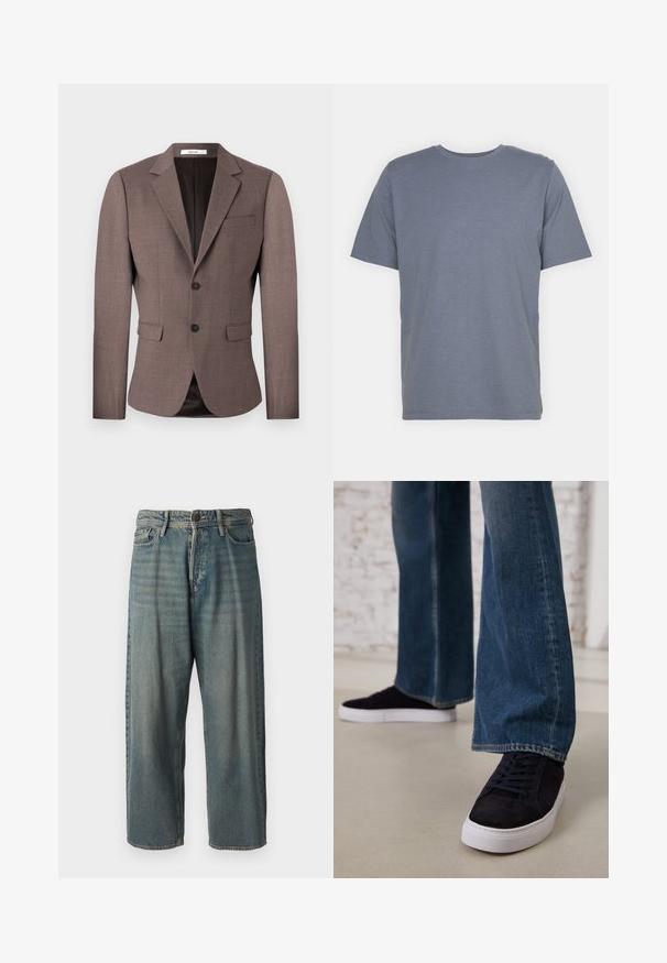 Rjava po meri krojena blazer jakna iz teksturirane tkanine, z zavihkom, zapiranjem na dva gumba ter dvema sprednjima žepoma in žepom na prsih.; Siv majica s kratkimi rokavi in okroglo ovratnikom, izdelana iz mehkega bombažnega blaga. Preprost dizajn, brez vzorcev ali dodatkov.; Svetlomoderne kavbojke z ohlapnim krojem, srednjim pasom in ravnimi nogami. Imajo pet žepov, zanke za pas in zapiranje na gumb.; Temno modri semiš športni copati z belo gumijasto podplatom in vezalkami, v kombinaciji z širokimi jeans hlačami v srednje modrem pranju.