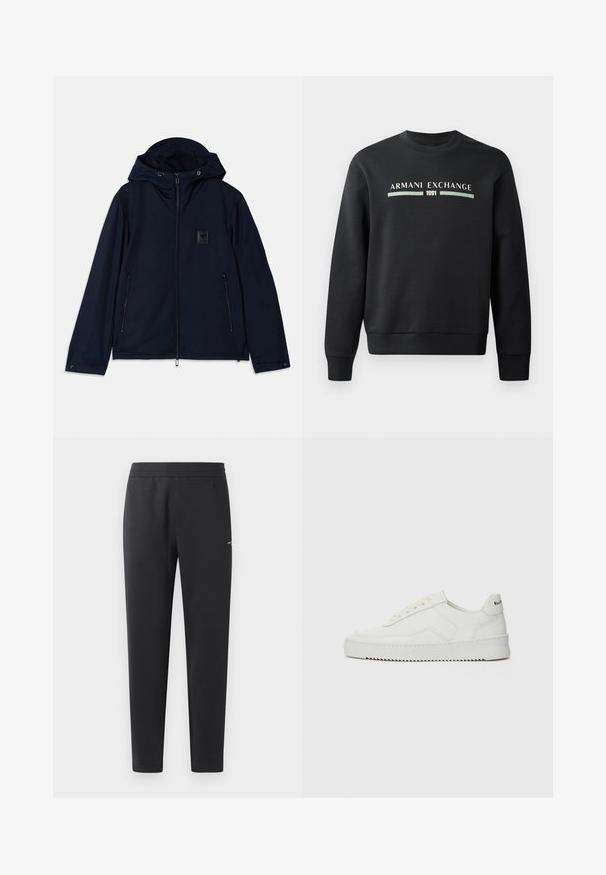 Tamsiai mėlynas džemperis su gobtuvu, su priekiniais užtrauktukais, dviem užtrauktukais uždaromais šoniniais kišeniais ir tekstūruota logotipo etikete ant krūtinės. Lietas audinio paviršius.; Juodas džemperis, pagamintas iš minkštos medžiagos. Papuoštas apvaliu kaklu ir ilgomis rankovėmis. Priekyje išspausdinta "ARMANI EXCHANGE" ir "1991" kontrastingomis spalvomis.; Juodos sportinės kelnės, pagamintos iš minkštos medžiagos, su elastinga juosmeniu, tiesiomis kojomis ir nedideliu logotipo akcentu šone.; Balti odiniai sportiniai bateliai su lygia apdaila, apvaliu pirštu, plokščiais raišteliais ir tekstūruotu padu. Pasižymi subtiliu logotipu ant kulno.