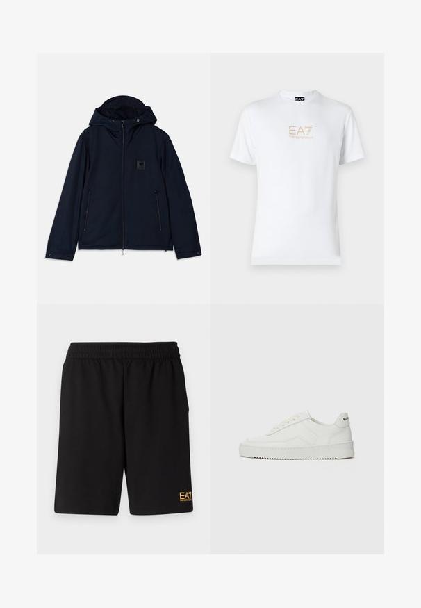 Mornarska jakna s kapuco, z zadrgo na sprednji strani, dvema stranskima žepoma z zadrgo in teksturirano logotipno nalepko na prsih. Gladka tkanina.; Bela bombažna majica s krožnim izrezom in kratkimi rokavi, s pozlačenim logotipom EA7 Emporio Armani natisnjenim spredaj.; Črne športne kratke hlače iz mehkega blaga, z elastičnim pasom in majhnim rumenim logotipom EA7 na spodnjem levem delu noge.; Bela usnjena športna obutev z gladko površino, okroglo prst, ravne vezalke in teksturiran podplat. Ima diskretno logo na peti.