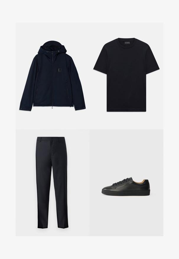 Navy hooded jacket with a front zip closure, two zippered side pockets, and a textured logo patch on the chest. Smooth fabric finish.; Black short-sleeve crew neck T-shirt with subtle embossed logo design centered on the chest and a branded tag inside the collar.; Navy dress pants with a smooth texture, straight cut, slanted pockets, and a concealed zip fly. Flat front design and hemmed cuffs.; Black low-top leather sneaker with textured surface, black laces, and thick rubber sole, shown from the side on a light background.