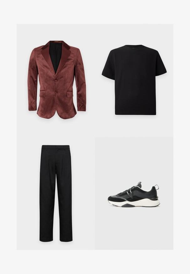 Burgundi aksomo švarkas su satino viršutinėmis apykaklėmis, dviem priekinėmis kišenėmis, vieno mygtuko užsegimu ir juodu interjero pamušalu. Lygi tekstūra.; Juodas trumpomis rankovėmis marškinėliai, pagaminti iš tekstūruotos medžiagos, su apvaliu iškirpimu ir laisvu siluetu. Paprasti, be raštų ar akcentų.; Juodi kelnių modeliai, pagaminti iš lygios medžiagos, turi tiesią kojas, du priekiniai klostės ir standartinę juosmenį su diržo kilpomis.; Juodi sportbačiai, pagaminti iš aksomo ir tinklelio medžiagų, su masyviais baltais padais ir atspindinčiais akcentais. Ryškios raišteliais ir su šoniniais kilpos.