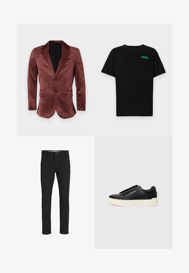 Burgundowa aksamitna marynarka z satynowymi klapami, dwiema przednimi kieszeniami, pojedynczym zapięciem na guzik oraz czarną podszewką. Gładka tekstura.; Czarna koszulka z bawełny z krótkim rękawem. Posiada zielone logo "ROOTS" z przodu, okrągły dekolt i standardowy krój.; Czarne spodnie z bawełnianego materiału w slim fit, z zapięciem na guzik, kieszeniami i podwiniętymi mankietami, co nadaje im swobodny charakter.; Czarne trampki wsuwane z teksturowanej skóry, biała gumowa podeszwa i brak widocznych sznurówek. Posiadają logo marki z boku.
