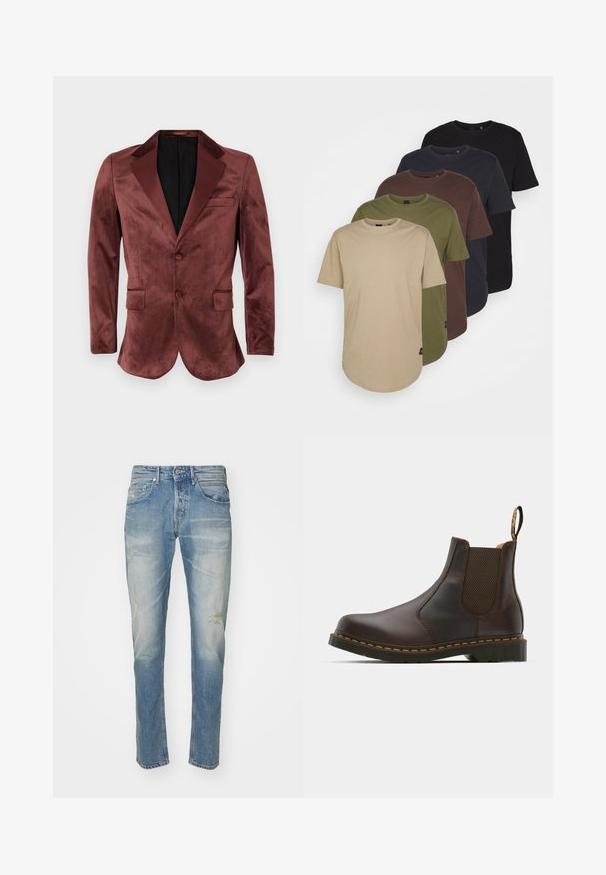 Blazer de veludo bordô com lapelas de cetim, duas bolsos frontais, fecho de botão único e um forro interior preto. Textura suave.; Cinco t-shirts dispostas em cores em gradiente: bege, oliva, castanho, azul escuro e preto. Feitas de algodão macio com mangas curtas e gola redonda.; Jeans de ganga azul claro com acabamento desbotado, ligeira desgaste nos joelhos, design de perna reta, estilo de cinco bolsos e fecho de botão metálico.; Bota Chelsea de couro castanho com painéis laterais elásticos, salto texturizado e costura amarela em contraste. Apresenta uma alça para facilitar o calçar.