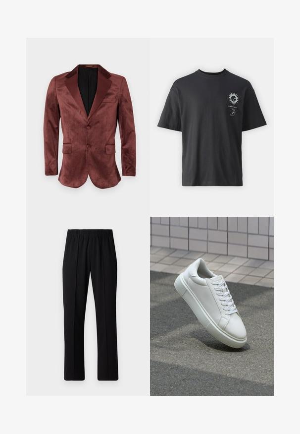 Blazer din catifea bordeaux cu rever din satin, două buzunare frontale, închidere cu un singur nasture și căptușeală interioară neagră. Textură netedă.; Tricou din bumbac negru, cu mâneci scurte, guler rotund și grafica frontală a unui soare și a unei luni, însoțită de textul "Le Soleil et La Lune."; Pantaloni negri cu talie elastică, cu un design cu picioare drepte, având o textură netedă și fără modele sau accesorii vizibile.; Sneaker alb din piele cu o suprafață netedă, vârf rotund și șireturi plate albe. Dispune de o talpă din cauciuc texturată și elemente de design minimale.