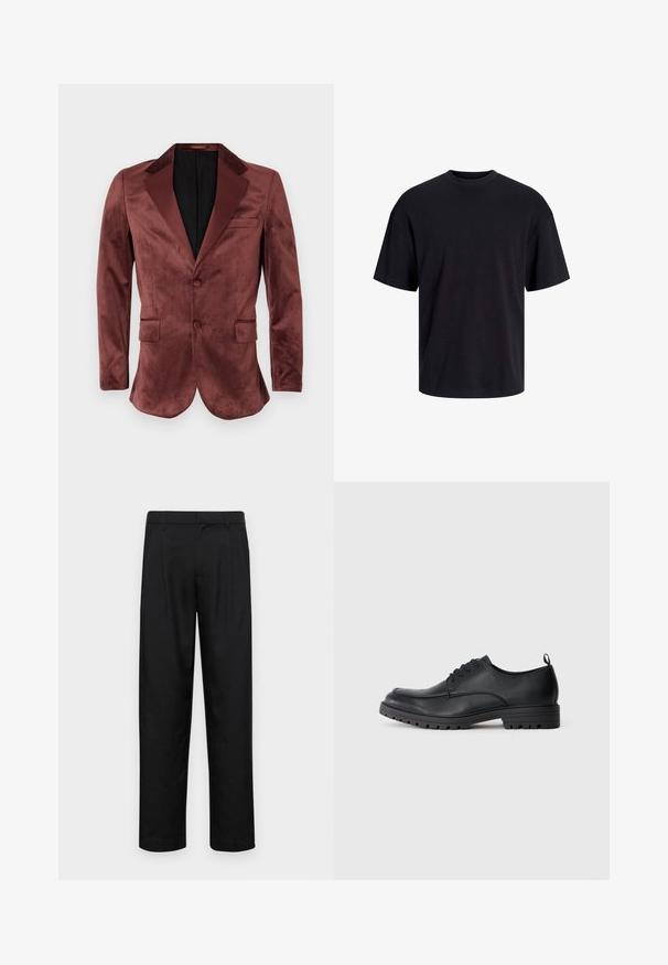 Burgundské sametové sako so saténovými špicatými klopami, dvoma prednými vreckami, zapínaním na jeden gombík a čiernou podšívkou. Hladká textura.; Čierne bavlnené tričko s okrúhlym výstrihom, krátkymi rukávmi a uvoľneným strihom. Hladká textúra bez viditeľných vzorov alebo akcentov.; Čierne nohavice vyrobené z hladkej tkaniny, s rovnými nohavicami, dvoma prednými skladmi a štandardným pásom s pútkami na opasok.; Čierne kožené šaty s hladkým povrchom, zaoblenou špičkou, šnurovaním vpredu a pevným gumovým podošvou so vzorom.