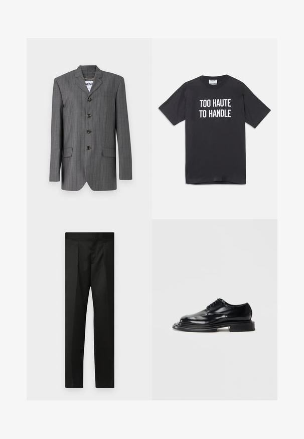 Pelēka svītraina žakete ar iedobtu apkakli, piecu pogu aizdari, divām priekšējām kabatām un redzamu etiķeti iekšpusē. Audums izskatās teksturēts.; Melna kokvilnas T-kreklu ar īsām piedurknēm un apaļu kakla izgriezumu, ar baltu tekstu "PĀRĀK KARSTS, LAI TIKT UZMANĪTS" uz Priekšpuses.; Melnas bikses ar gludu audumu, pielāgotu dizainu, taisnām kājām un platu jostu bez redzamām aizdaram vai kabatām.; Melnas ādas kurpes ar spīdīgu virsmu, noapaļota purngala, šņorēm un biezs, plakans zole. Iezīmējas ar slāņotu, skulpturālu dizainu.