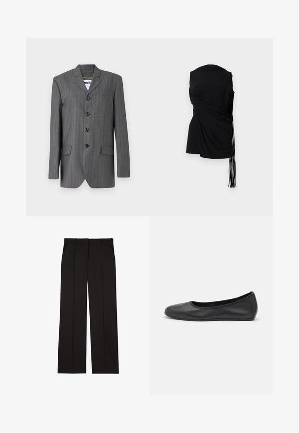 Gray pinstripe blazer with a notched lapel, five-button closure, two front pockets, and a label visible inside. Fabric appears textured.; Black sleeveless top with draped fabric, side gathering, and elongated fringe detail, featuring a smooth texture and a fitted silhouette.; Black tailored trousers made of a smooth fabric, featuring a straight-leg design, and two side pockets. Elegant and minimalistic construction.; Black leather ballet flat with a rounded toe, smooth texture, minimal stitching detail, and a flexible sole design.