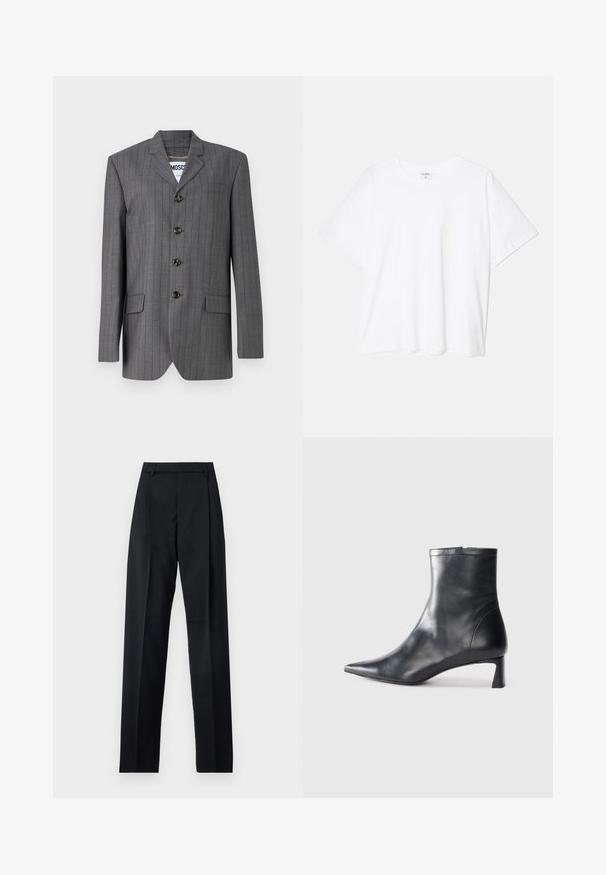 Pilko dryžuota švarkas su įpjautu apykakle, penkių mygtukų uždarymu, dviem priekinėmis kišenėmis ir matomu etikete viduje. Audinys atrodo tekstūruotas.; Balta medvilnės marškinėliai trumpomis rankovėmis, apvalia iškirpte, laisvo kirpimo ir su siūtu kraštu. Etiketė matoma vidinėje iškirptės pusėje.; Juodos kelnės iš lygaus audinio, pasižyminčios aukštu liemeniu, plačiomis kojomis, priekinėmis klostėmis ir klasikiais diržo kilpomis. Šoninių kišenių nematyti.; Juodas odinis kulkšninis batas su smailiu pirštu ir elegantišku dizainu. Turi žemą kulną ir užtrauktuką gale. Lygi tekstūra.