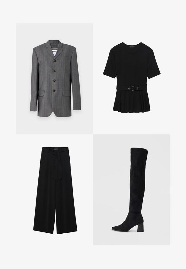 Gray pinstripe blazer with a notched lapel, five-button closure, two front pockets, and a label visible inside. Fabric appears textured.; Black short-sleeve top made of smooth material, featuring a peplum design and a belted waist with two round, silver-tone buttons.; Black wide-leg pants featuring a textured fabric, an elastic waistband, and a detachable sash tie at the waist for adjustable fit.; Black suede knee-high boot with block heel, pointed toe, and smooth, seamless design on a plain light background.
