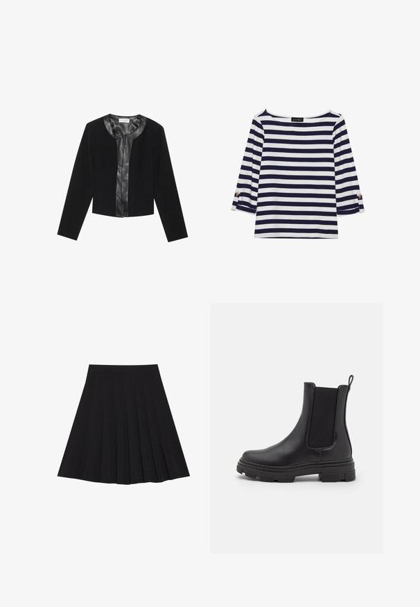 Črna skrajšana jakna z dolgimi rokavi, ki ima gladek usnjen sprednji del in teksturirano telo. Okroglo ovratnico, brez zapenjanja.; Mornarsko modra in bela črtasta majica z dolgimi rokavi, z vratnim izrezom v obliki čolna in zlatimi gumbi na zavihkih rokavov. Mehka tkanina, sproščen kroj.; Črna plisirana krila iz strukturiranega materiala s prilegajočim pasom. Segajo do kolen in ponujajo gladko, čisto silhueto.; Črne usnjene gležnjarje z elastiko na straneh, zaobljenim prstom in teksturiranim gumijastim podplatom. Imajo zanko na zadnji strani za enostavno obuvanje.