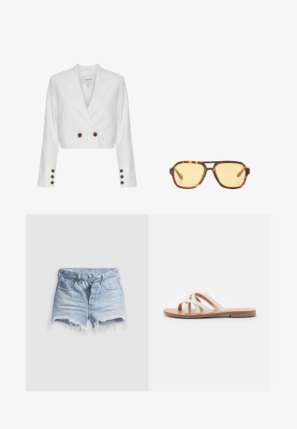 Avklippt vit blazer med dubbelknäppt fram, med bruna knappar, slagkragar och långa ärmar. Slät tygtextur.; Två ärmlösa toppar i svart och vitt, tillverkade av ribbat bomull, med rund halsringning och en figurpassande design. Etiketter synliga på båda.; Ljusblå jeansshorts med avklippta kanter och fransiga fållar, fem fickor och knappgylf. Tyget är mjukt med en lätt sliten look.; Platta sandaler med vita läderremmar, en naturlig läderfotbädd och en ljusbrun sula. Öppen tå-design, minimalistisk och snygg.; Sköldpaddsmönstrade solglasögon med geometrisk design, gula linser och metallaccenter vid bågarna. Bred ram och matta ytor.